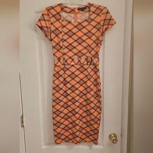 Vintage Cap Sleeve Pencil Dress, Orange and Brown Plaid